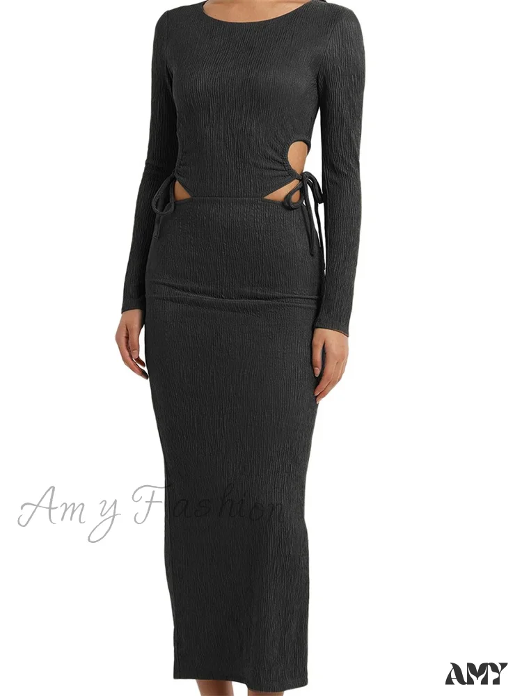 Amy Fashion - Women Autumn Knitted Slim Fit  Solid Round Neck Back Split  Sleeve Hollow Out Tie Up Party Vestido - Image 7
