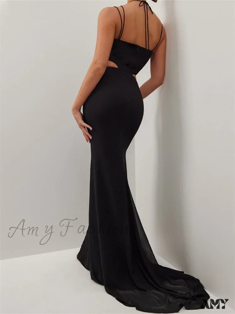 Amy Fashion - Women Black Halter Sleeveless Slim  Waist Hollow Out Spaghetti Strap Evening Summer Female Vestidos - Image 2