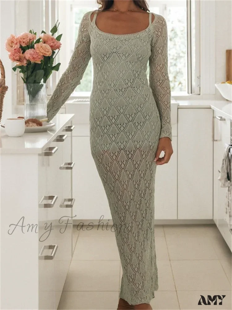 Amy Fashion - Women Bodycon  Lace See Through Hollow Out O-neck  Sleeve Back Split Party Female Vestidos - Image 3