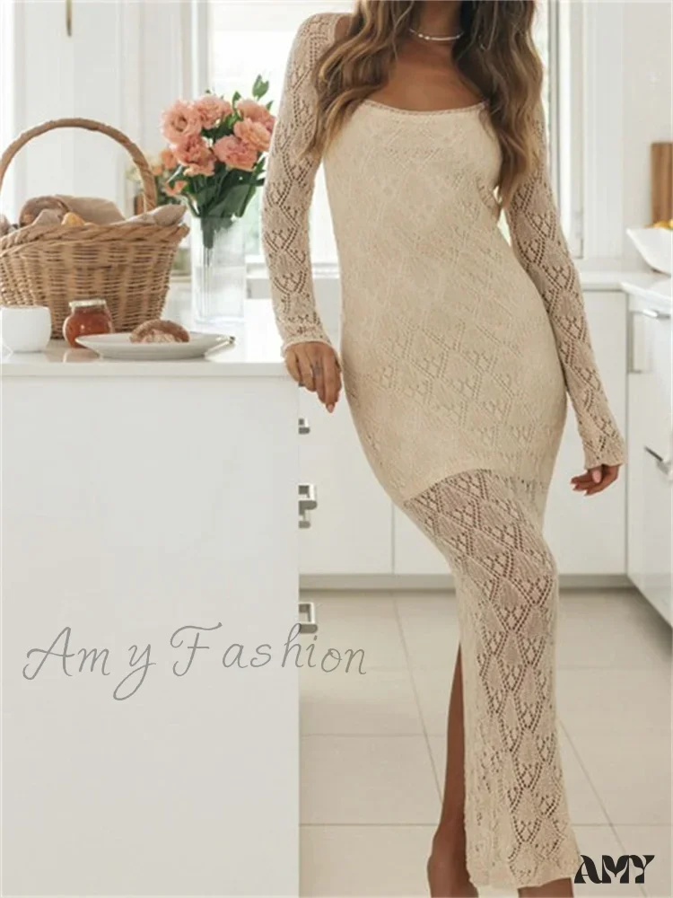 Amy Fashion - Women Bodycon  Lace See Through Hollow Out O-neck  Sleeve Back Split Party Female Vestidos - Image 5