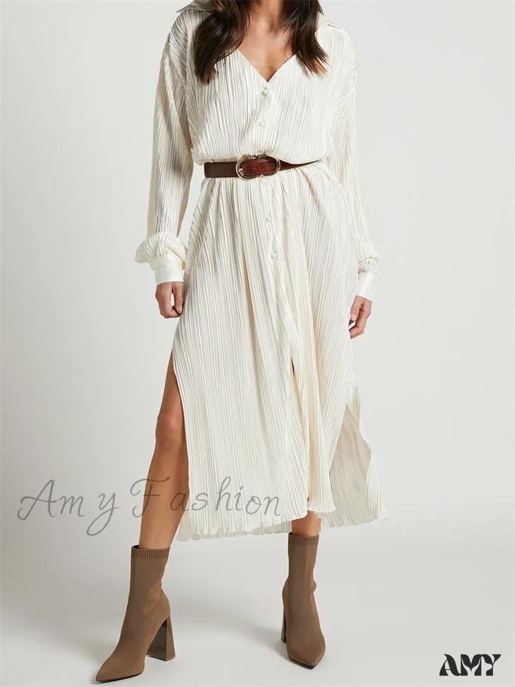 Amy Fashion - Women Buttons Down Shirt  Sleeve Deep V Neck Solid Ruched  Side Split Party Female Vestidos - Image 5