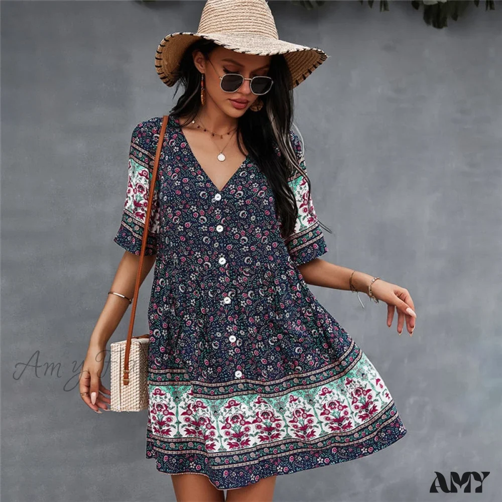 Amy Fashion - Casual V Neck Bohemian Short Sleeve Dress - Image 2