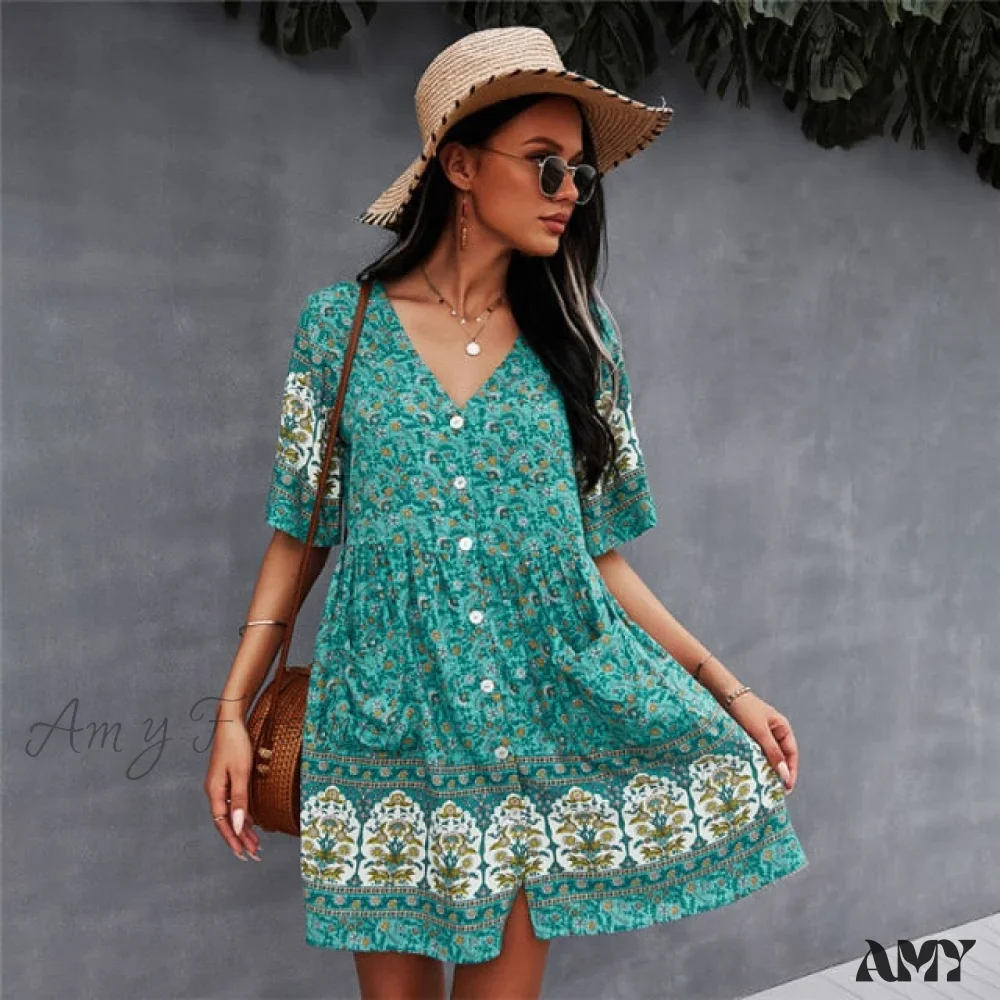 Amy Fashion - Casual V Neck Bohemian Short Sleeve Dress - Image 4