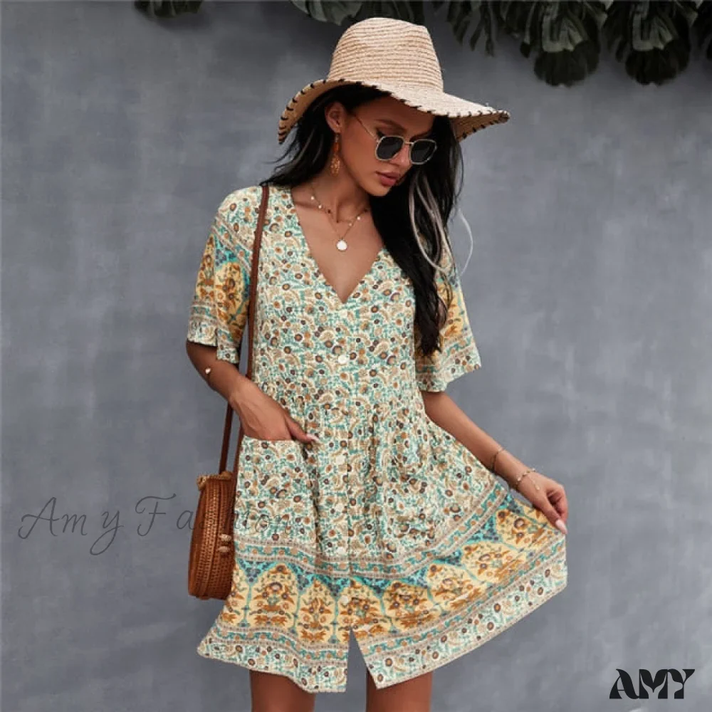 Amy Fashion - Casual V Neck Bohemian Short Sleeve Dress - Image 5