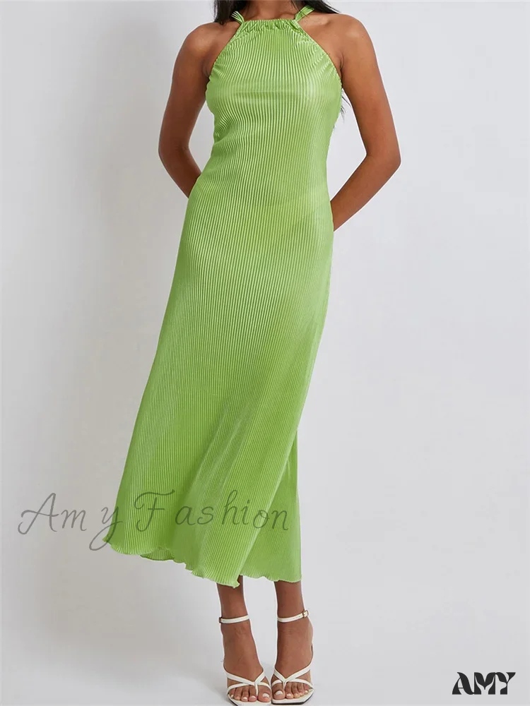 Amy Fashion - Women Cocktail  Solid Color Halter Neck Sleeveless Off Shoulder Ruched Summer Evening Party Vestidos - Image 2