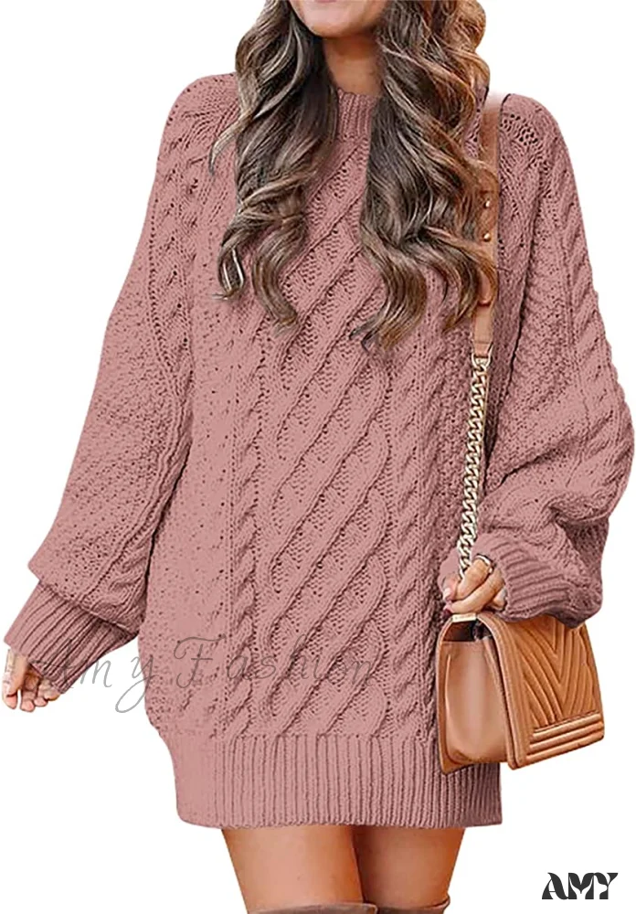 Amy Fashion - Women Long Sleeve Oversized Cable Knit Sweater Dress - Image 10