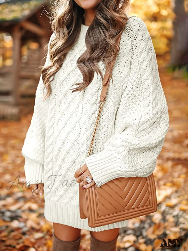 Amy Fashion - Women Long Sleeve Oversized Cable Knit Sweater Dress - Image 3