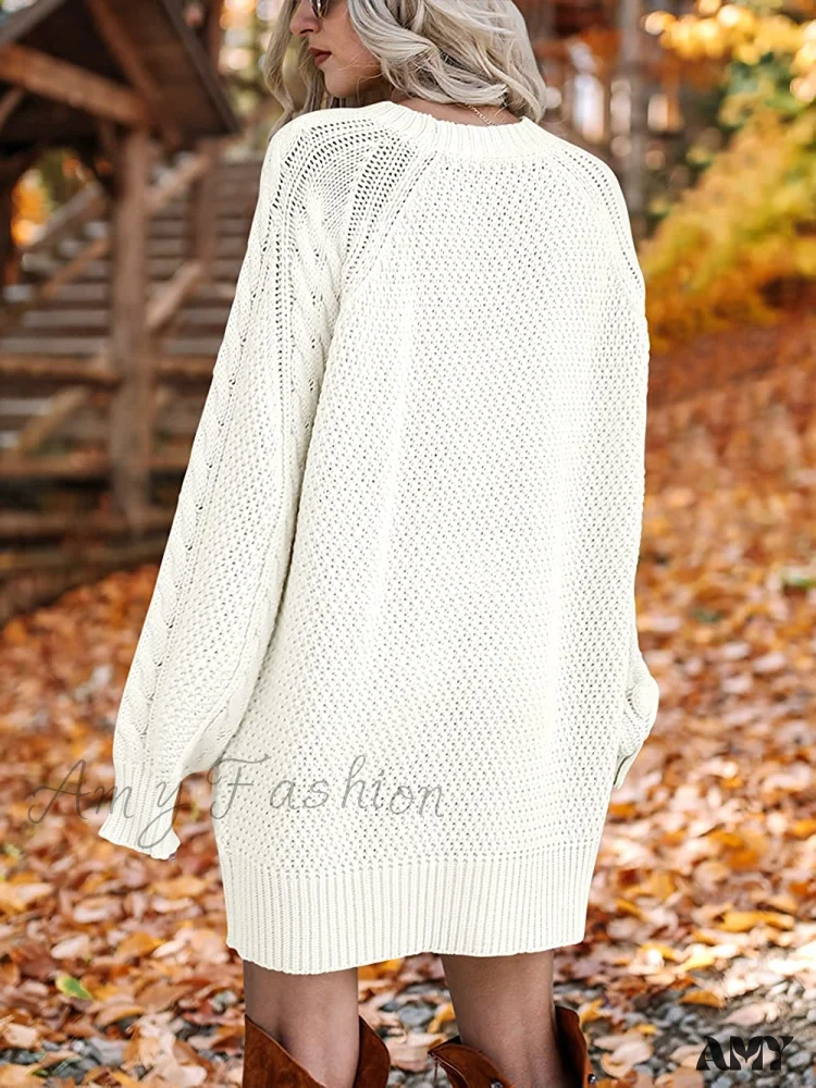 Amy Fashion - Women Long Sleeve Oversized Cable Knit Sweater Dress - Image 4