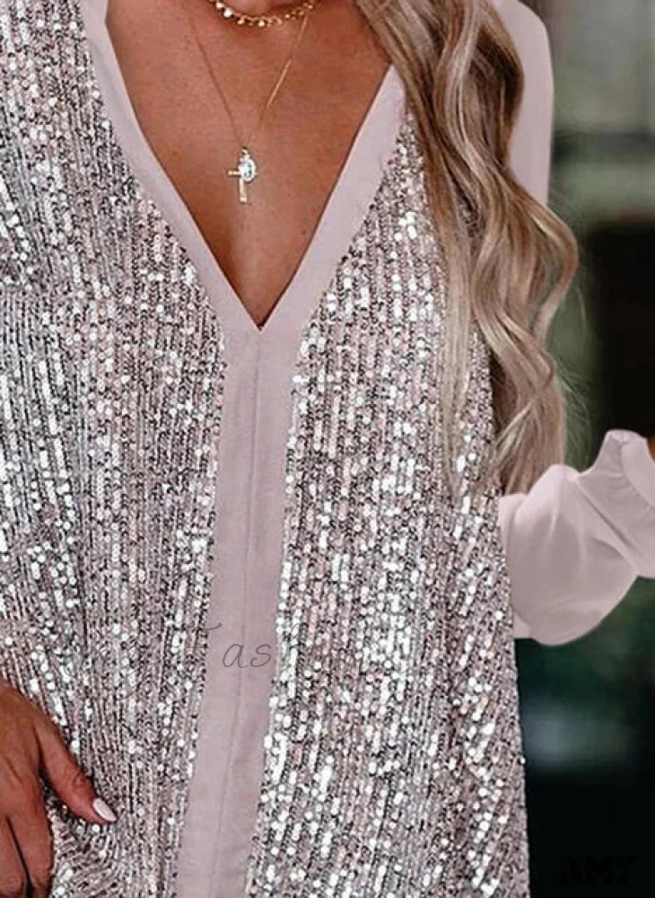 Amy Fashion - Elegant Long Sleeve Sequin Blouses Shirt - Image 2