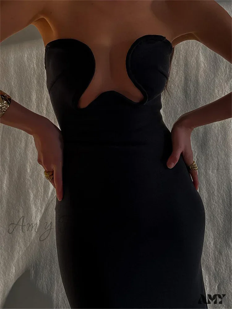 Amy Fashion - Women Elegant Low Cut  Black Solid Sleeveless Satrpless Off Shoulder Push Up High Split  Vestidos Party - Image 2