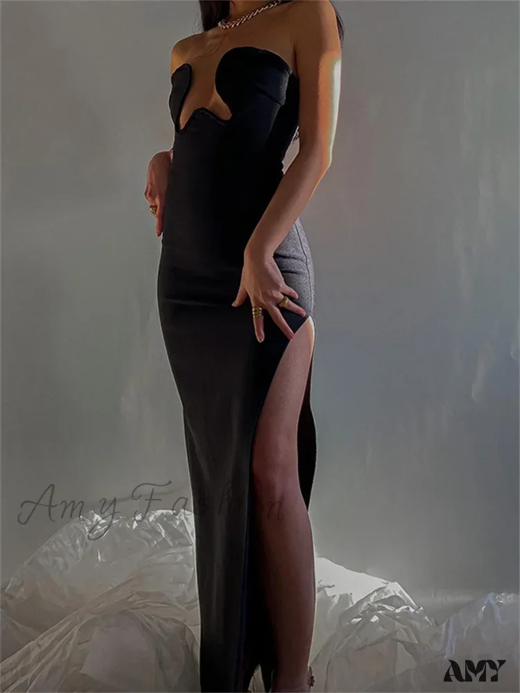 Amy Fashion - Women Elegant Low Cut  Black Solid Sleeveless Satrpless Off Shoulder Push Up High Split  Vestidos Party - Image 3