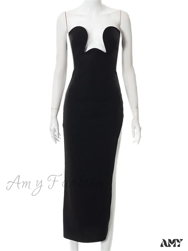 Amy Fashion - Women Elegant Low Cut  Black Solid Sleeveless Satrpless Off Shoulder Push Up High Split  Vestidos Party - Image 5