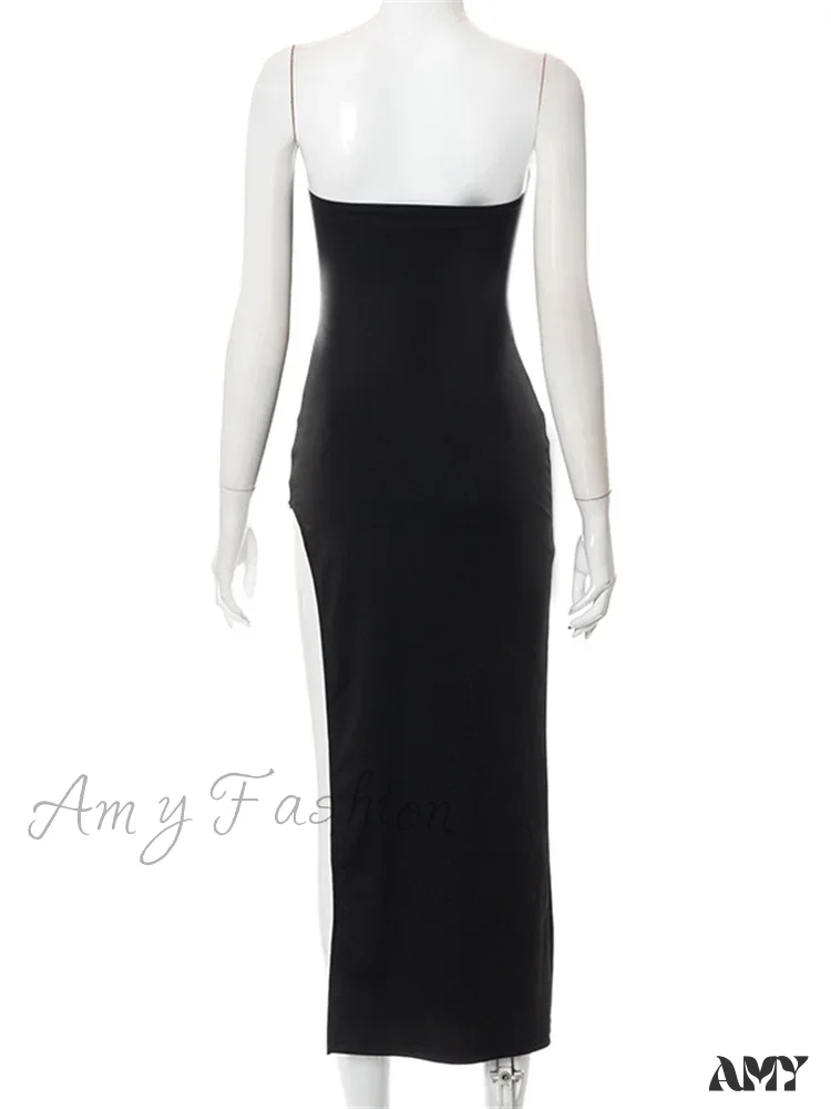 Amy Fashion - Women Elegant Low Cut  Black Solid Sleeveless Satrpless Off Shoulder Push Up High Split  Vestidos Party - Image 6