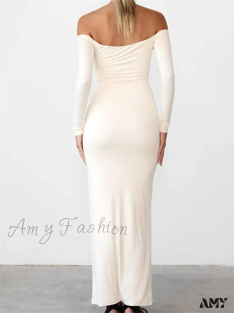 Amy Fashion - Women  Elegant Slash Neck Off-shoulder Solid Color Slim Fit Fall Cocktail Party Female Vestidos - Image 2