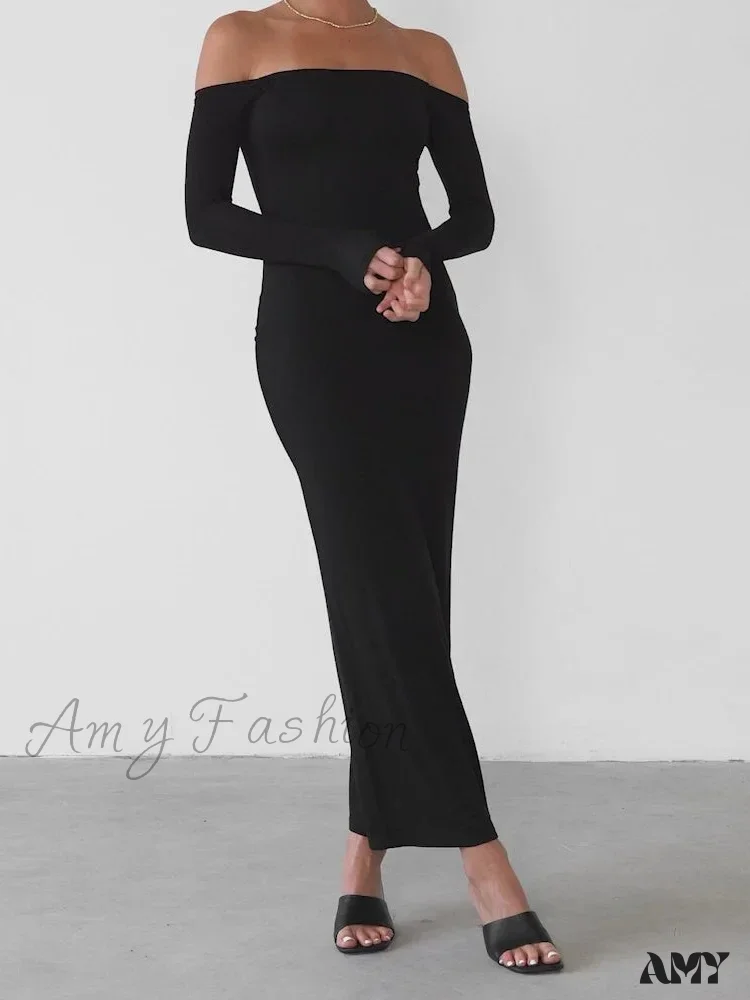 Amy Fashion - Women  Elegant Slash Neck Off-shoulder Solid Color Slim Fit Fall Cocktail Party Female Vestidos - Image 3