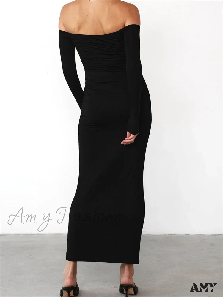 Amy Fashion - Women  Elegant Slash Neck Off-shoulder Solid Color Slim Fit Fall Cocktail Party Female Vestidos - Image 4