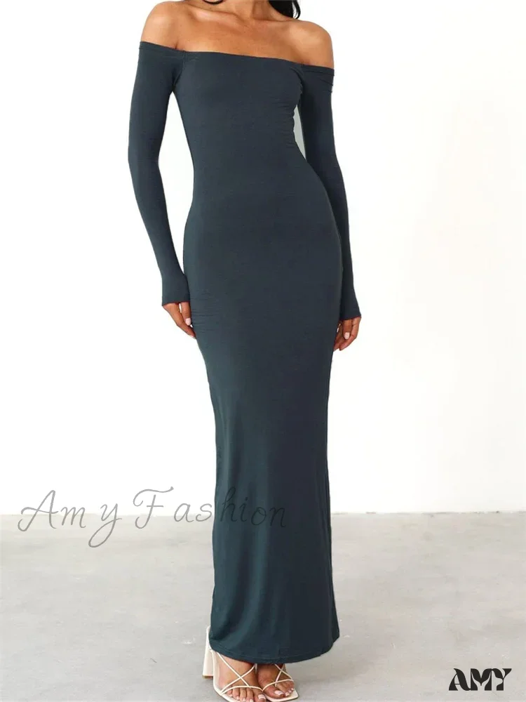 Amy Fashion - Women  Elegant Slash Neck Off-shoulder Solid Color Slim Fit Fall Cocktail Party Female Vestidos - Image 5
