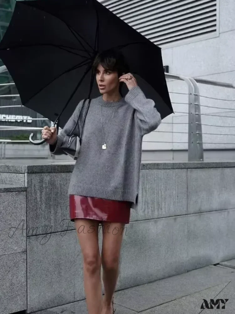 Women Fashion Gray Basic Knitted Casual O-neck Long Sleeve Loose Pullover Top 2024 Autumn Sweater - Image 2