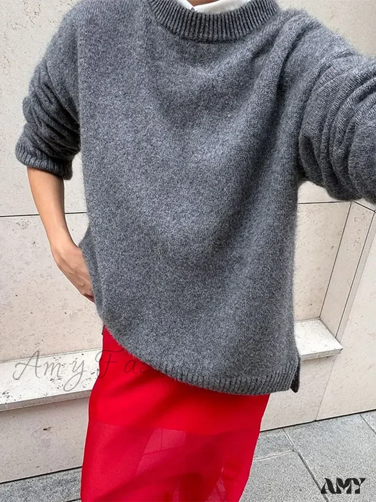 Women Fashion Gray Basic Knitted Casual O-neck Long Sleeve Loose Pullover Top 2024 Autumn Sweater - Image 4