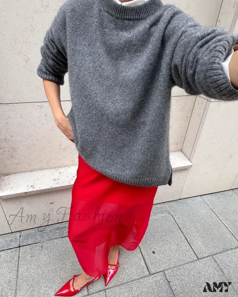 Women Fashion Gray Basic Knitted Casual O-neck Long Sleeve Loose Pullover Top 2024 Autumn Sweater - Image 6