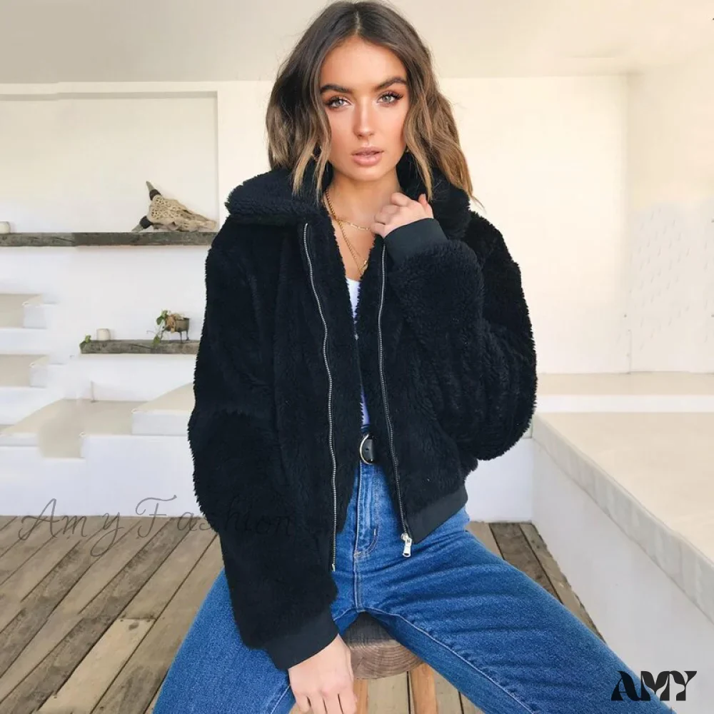 Amy Fashion - Faux FurWarm Soft Plush Zipper Coat - Image 2