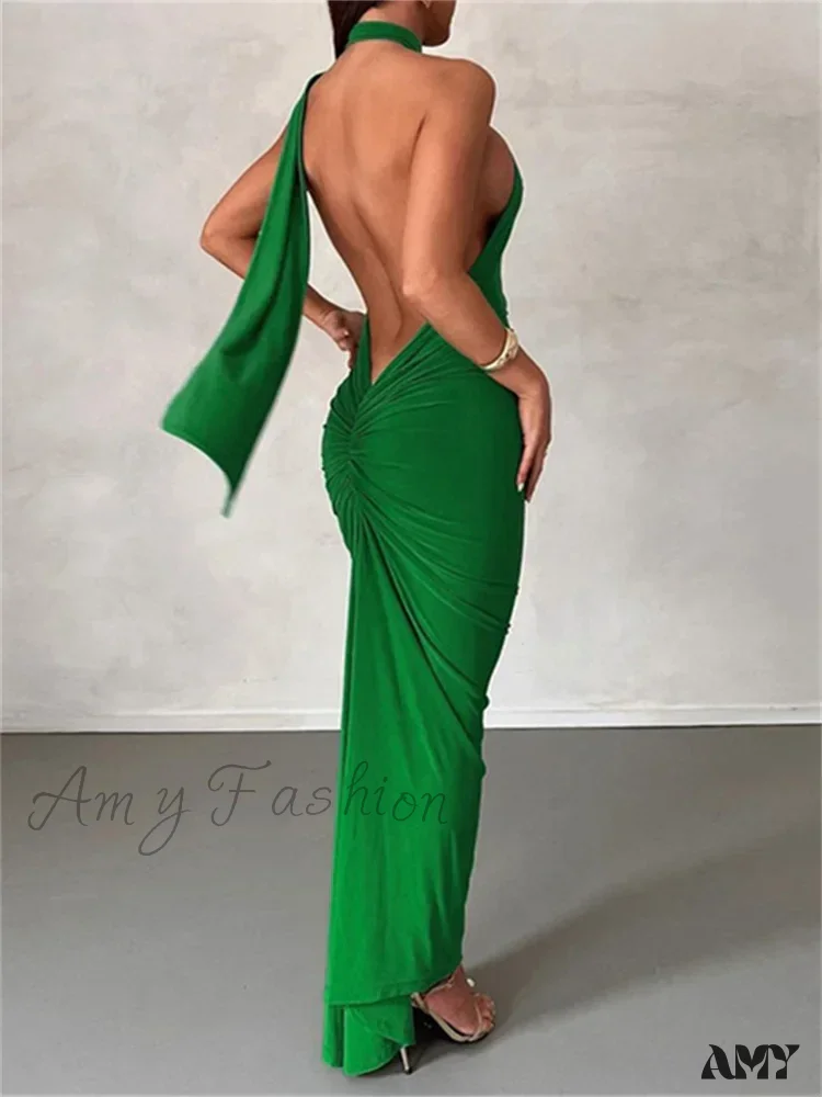 Amy Fashion - Women Halter Lace-up  Sleeveless Off Shoulder Backless Ruched Party Club Solid Color Female Vestidos - Image 3