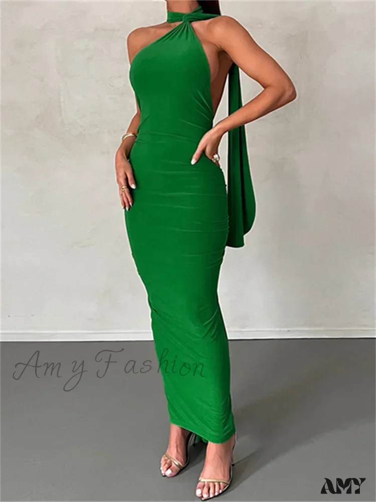 Amy Fashion - Women Halter Lace-up  Sleeveless Off Shoulder Backless Ruched Party Club Solid Color Female Vestidos - Image 4