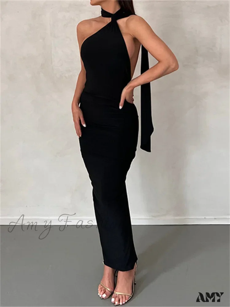 Amy Fashion - Women Halter Lace-up  Sleeveless Off Shoulder Backless Ruched Party Club Solid Color Female Vestidos - Image 5