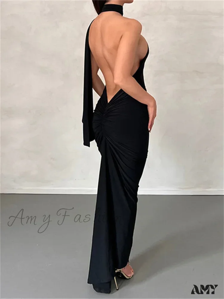 Amy Fashion - Women Halter Lace-up  Sleeveless Off Shoulder Backless Ruched Party Club Solid Color Female Vestidos - Image 7