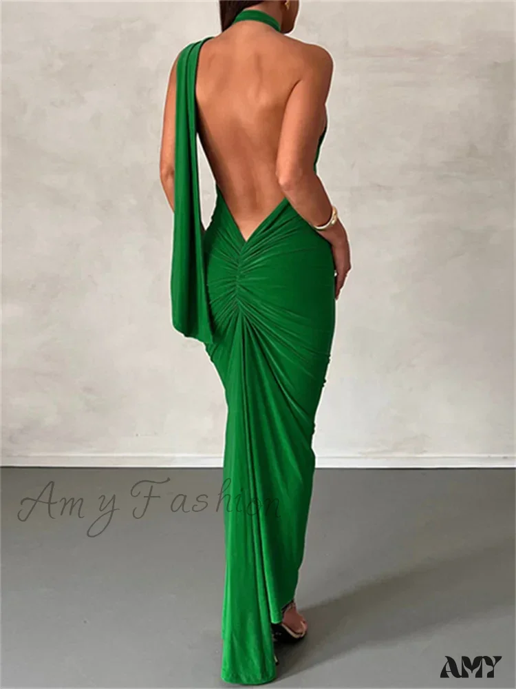 Amy Fashion - Women Halter Lace-up  Sleeveless Off Shoulder Backless Ruched Party Club Solid Color Female Vestidos - Image 8