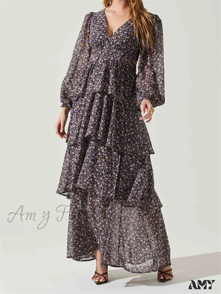 Amy Fashion - Women High Split Floral Print   Puff Sleeve V Neck Layered Ruffles Hem Spring Fall Vestidos