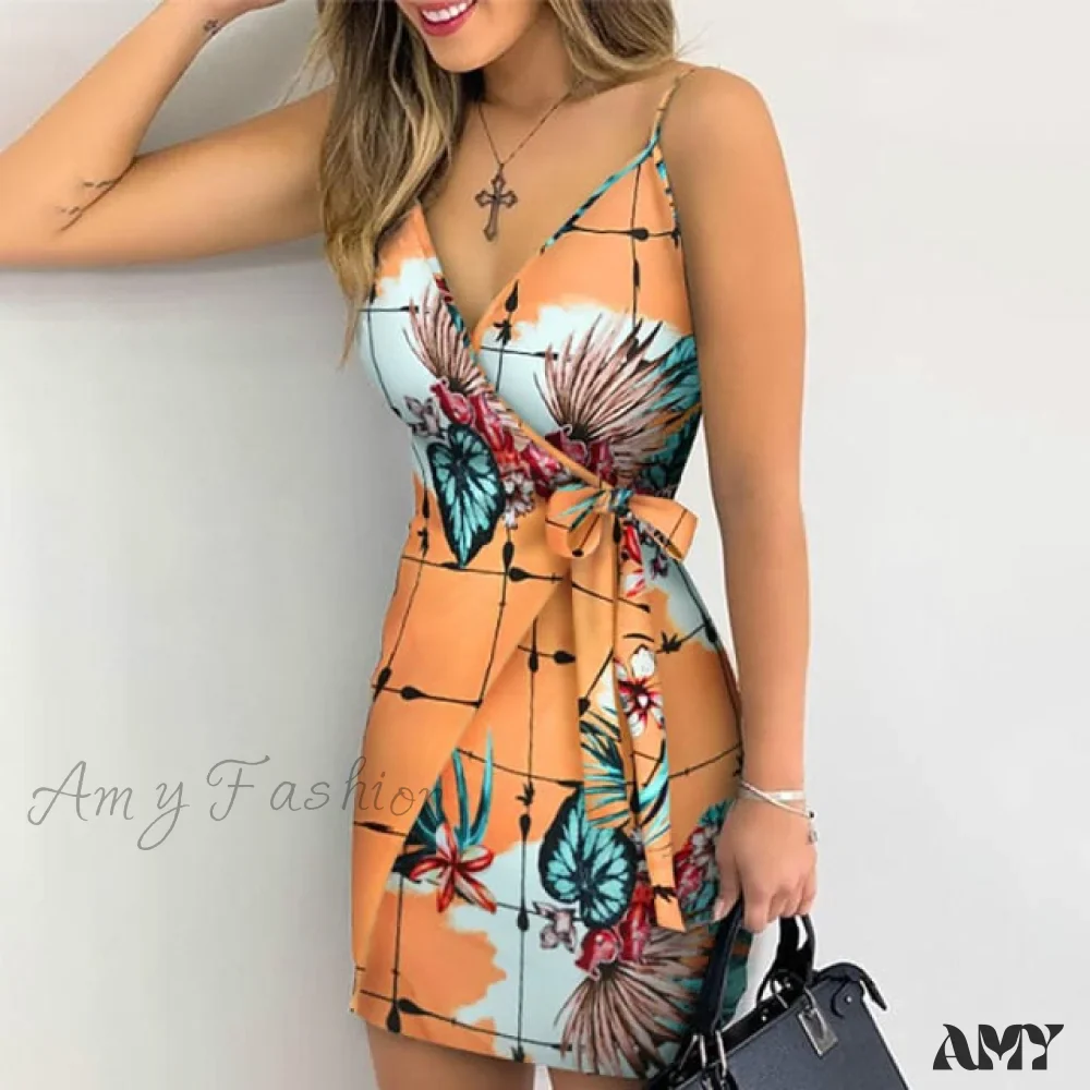 Amy Fashion - Holiday Floral Leaves Print V-neck Mini Dress - Image 4
