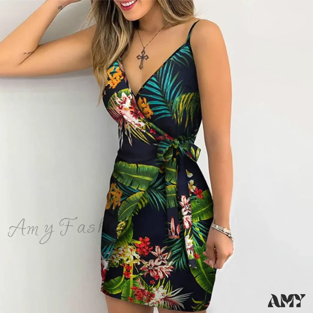 Amy Fashion - Holiday Floral Leaves Print Bodycon V-neck Mini Dress - Image 4
