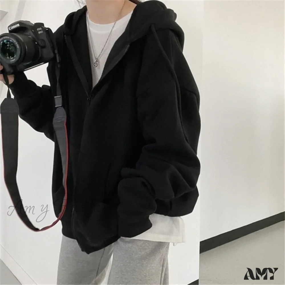 Amy Fashion - Korean Version Zip Up Loose Oversized Hoodie - Image 5