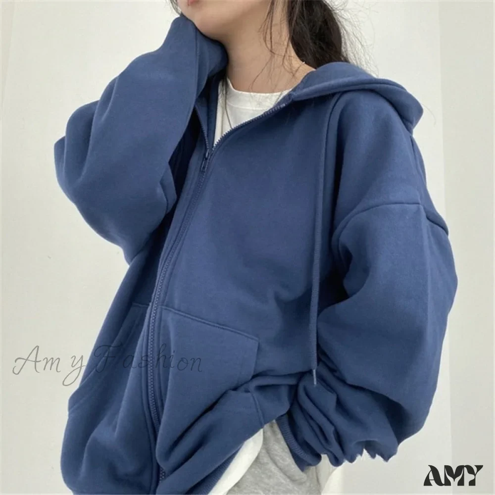 Amy Fashion - Korean Version Zip Up Loose Oversized Hoodie - Image 6