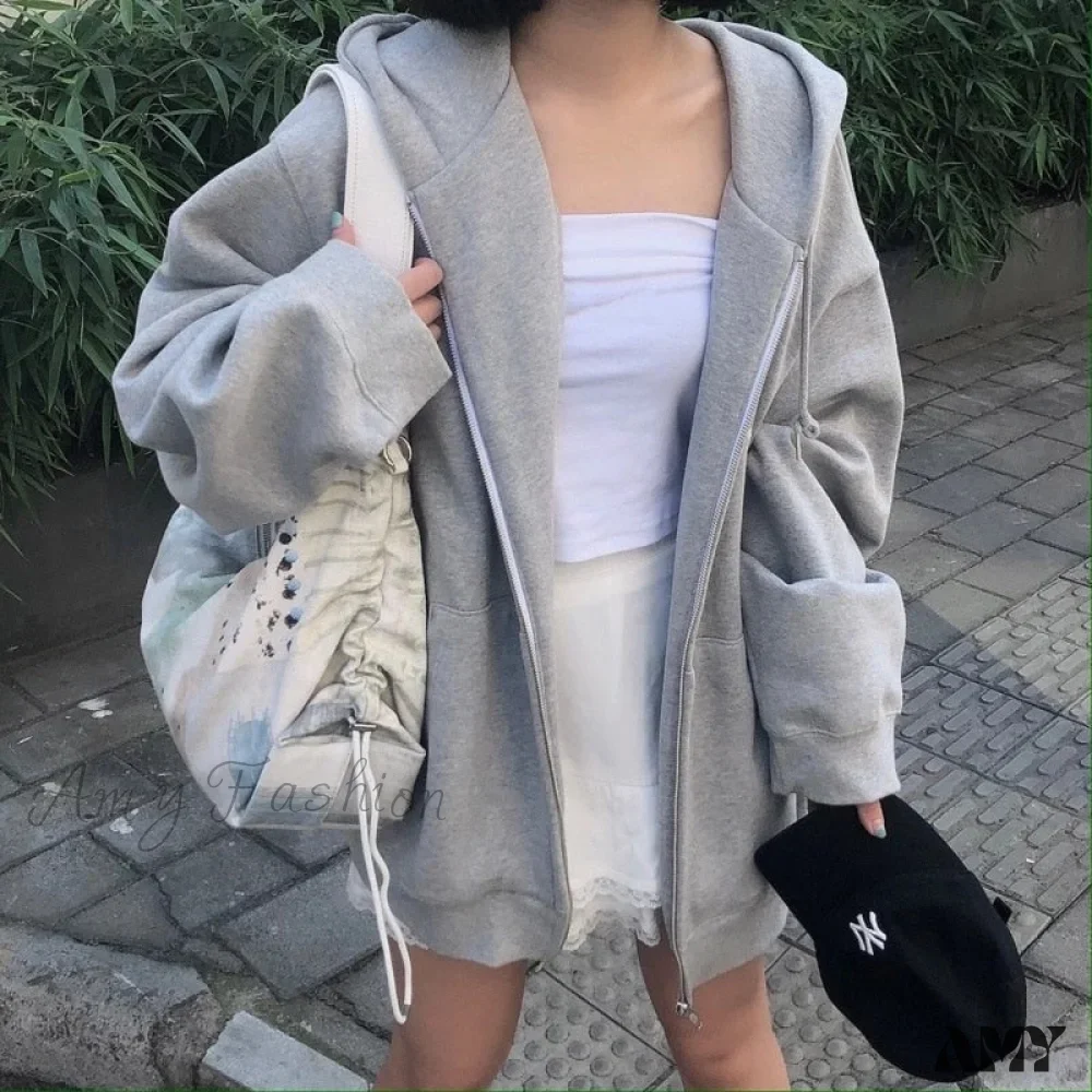 Amy Fashion - Korean Version Zip Up Loose Oversized Hoodie - Image 7
