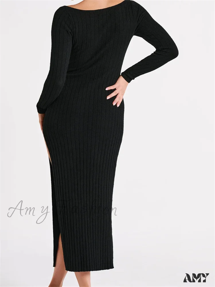 Amy Fashion - Women Knitted Bodycon  Solid Color Ribbed Round Neck  Sleeve Side Split Spring Fall Vestidos - Image 2