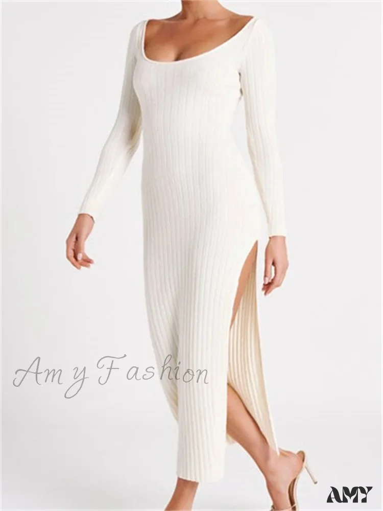 Amy Fashion - Women Knitted Bodycon  Solid Color Ribbed Round Neck  Sleeve Side Split Spring Fall Vestidos - Image 4