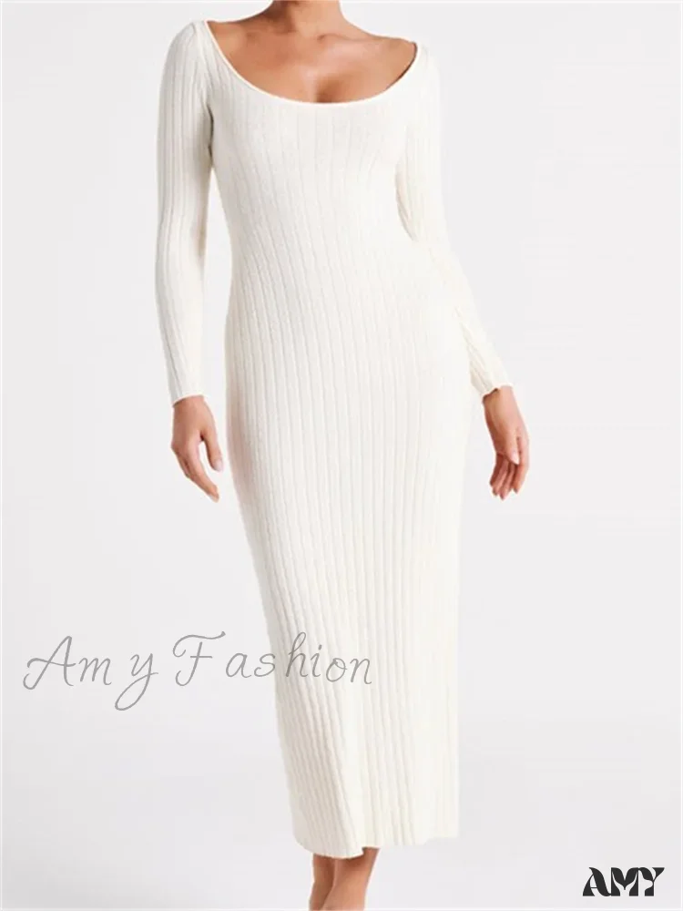 Amy Fashion - Women Knitted Bodycon  Solid Color Ribbed Round Neck  Sleeve Side Split Spring Fall Vestidos - Image 5