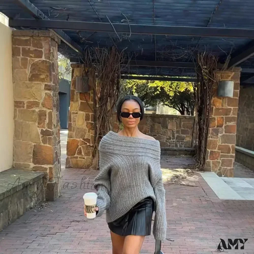 Women Knitted Pullovers 2024 Fall Winter Ribbed Off Shoulder Long Sleeve Loose Casual Oversized Streetwear Sweater - Image 2