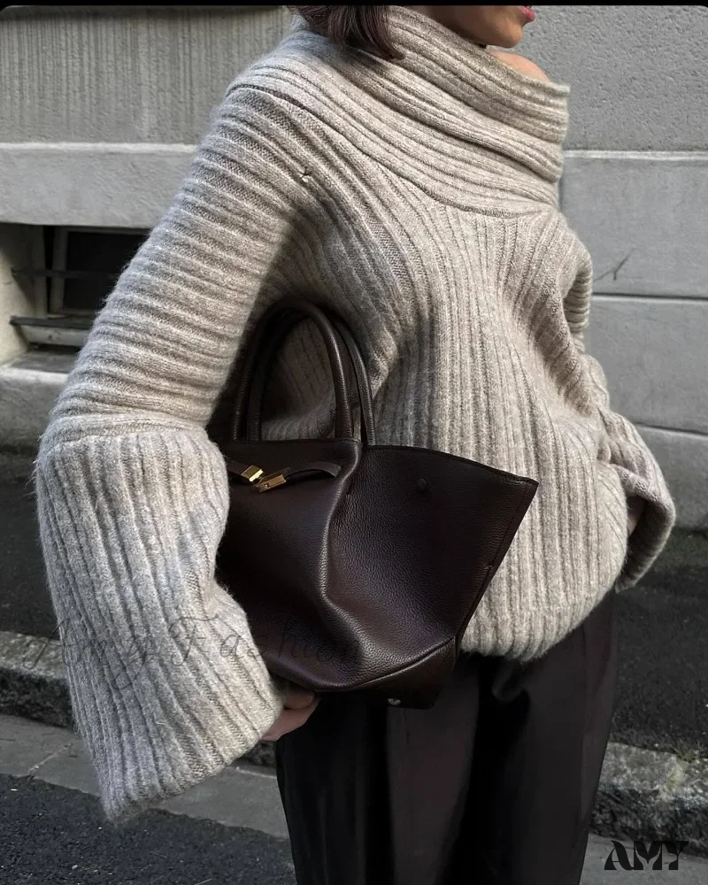Women Knitted Pullovers 2024 Fall Winter Ribbed Off Shoulder Long Sleeve Loose Casual Oversized Streetwear Sweater - Image 3