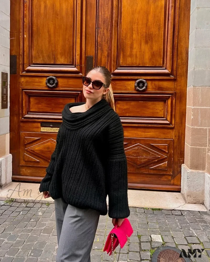 Women Knitted Pullovers 2024 Fall Winter Ribbed Off Shoulder Long Sleeve Loose Casual Oversized Streetwear Sweater - Image 5