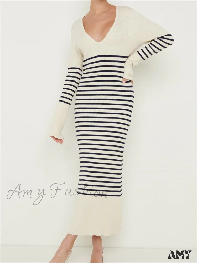 Amy Fashion - Women Knitted Sleeve Deep V Neck Striped Slim Fit Spring Autumn Female Vestidos Streetwear