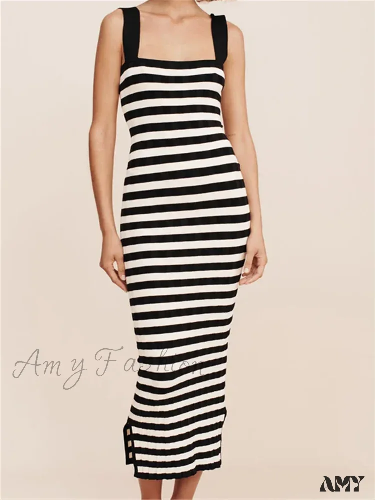 Amy Fashion - Women Knitted  Sleeveless Square Neck Striped Print Beach Tank Side Split Summer Female Vestidos