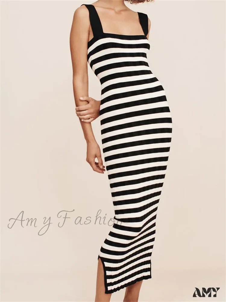 Amy Fashion - Women Knitted  Sleeveless Square Neck Striped Print Beach Tank Side Split Summer Female Vestidos - Image 3