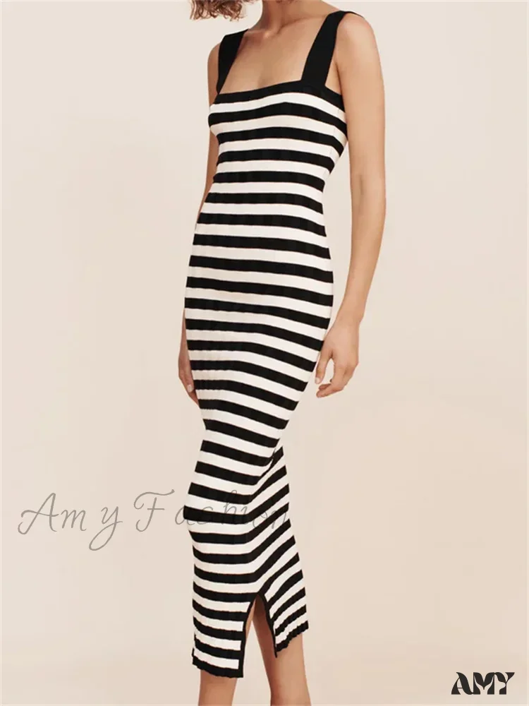 Amy Fashion - Women Knitted  Sleeveless Square Neck Striped Print Beach Tank Side Split Summer Female Vestidos - Image 4