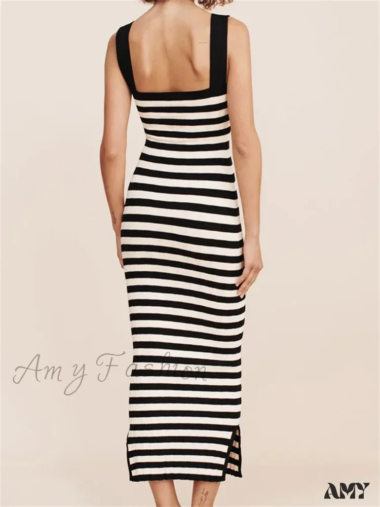 Amy Fashion - Women Knitted  Sleeveless Square Neck Striped Print Beach Tank Side Split Summer Female Vestidos - Image 6