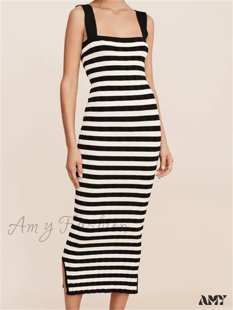 Amy Fashion - Women Knitted  Sleeveless Square Neck Striped Print Beach Tank Side Split Summer Female Vestidos - Image 7