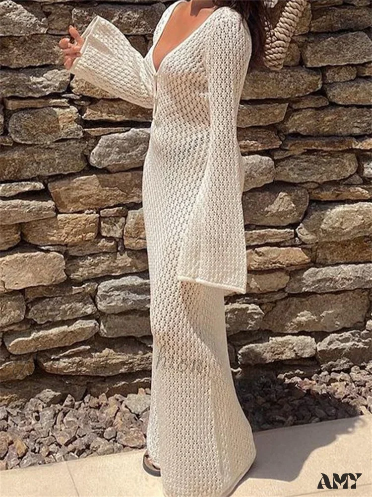 Amy Fashion - Women Knitted  Solid Hollow Out Deep V-Neck  Sleeve Bodycon Spring Autumn Backless Vestidos - Image 2
