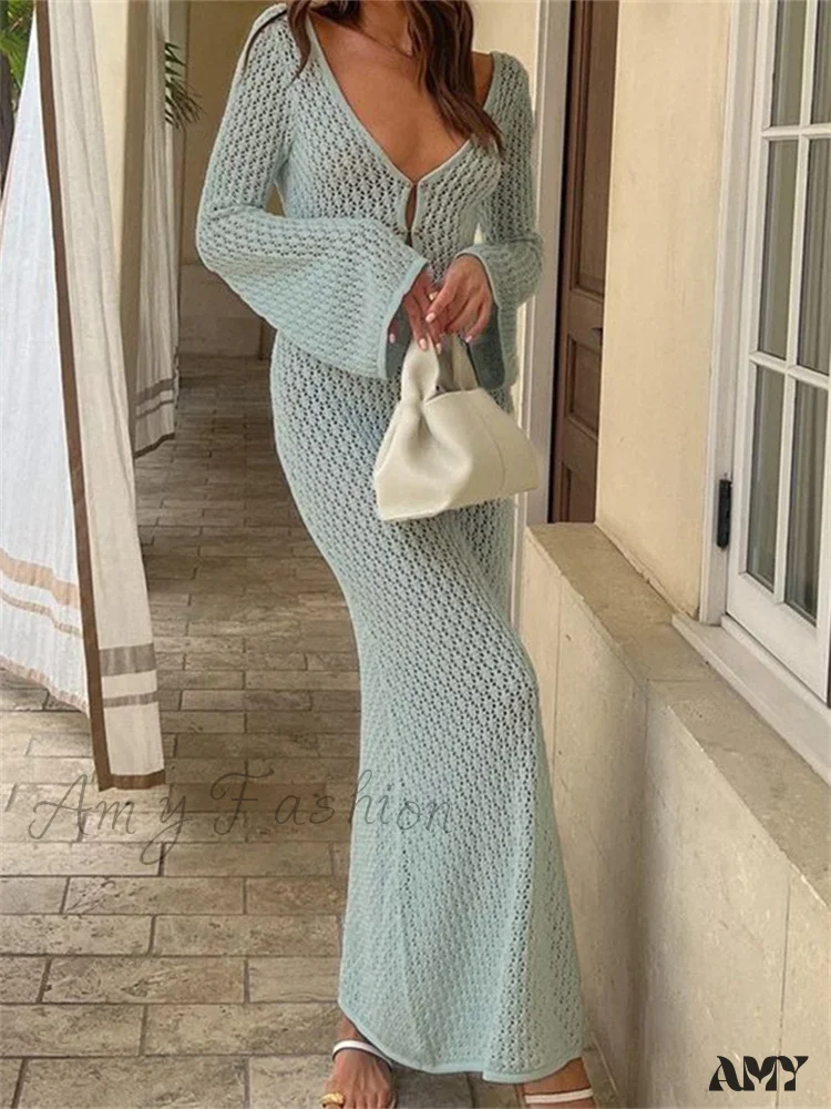 Amy Fashion - Women Knitted  Solid Hollow Out Deep V-Neck  Sleeve Bodycon Spring Autumn Backless Vestidos - Image 5